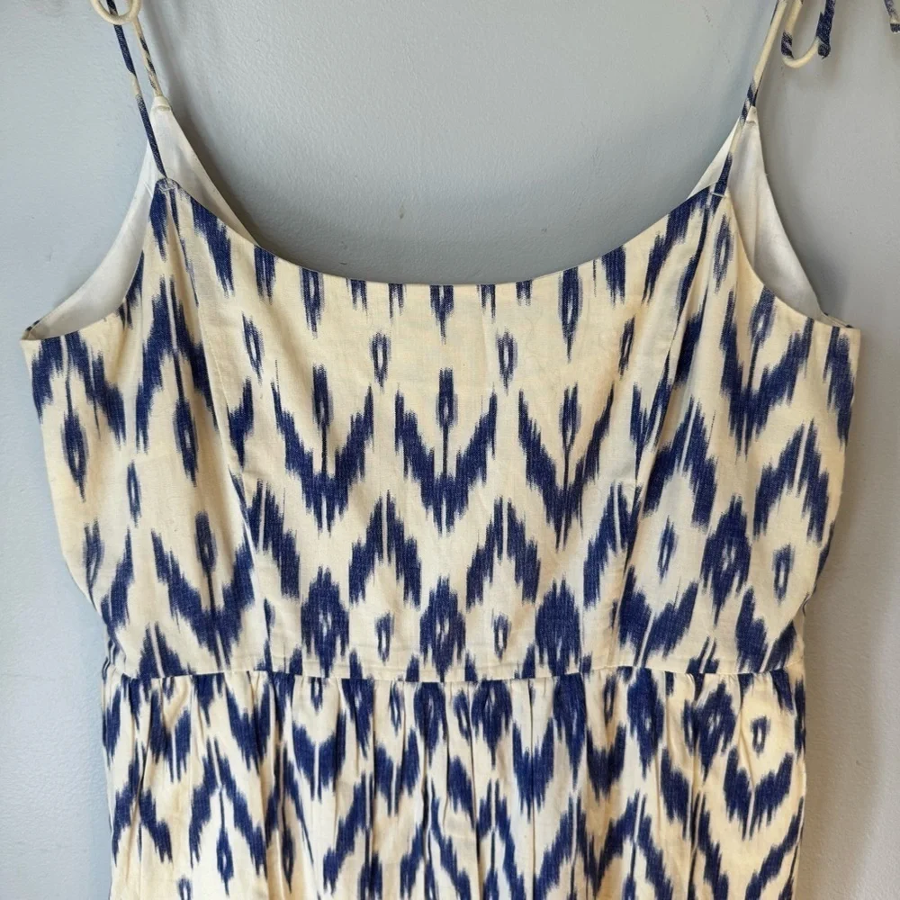 J Crew Cotton Blue White Geometric Tribal Print Lined Tie Strap Dress Sz 10